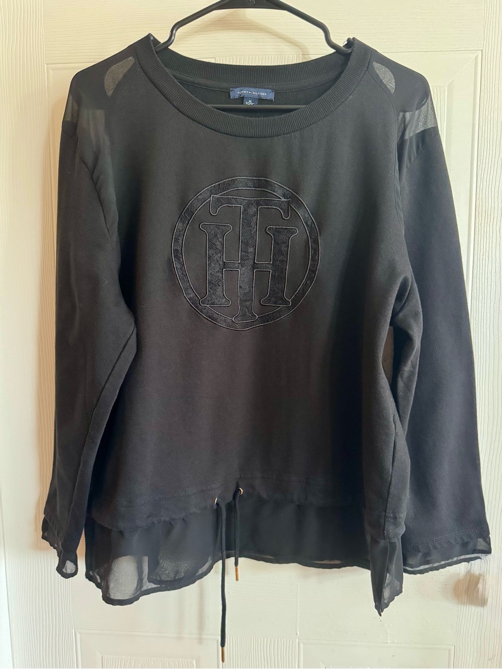 Tommy Hilfiger Black Medallion Logo Mixed Media Sheer Drawstring Top XL